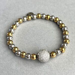 Rustic Cuff Gold and Silver Stainless Beads Pave Focal Bead Stretch Bracelet